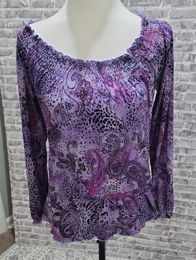 Madison Purple Paisley Off-Shoulder Long Sleeve Top Womenz Sz Petite S